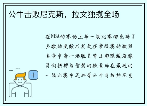 公牛击败尼克斯，拉文独揽全场