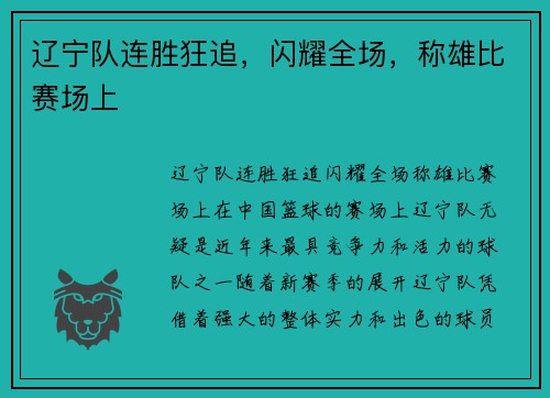 辽宁队连胜狂追,闪耀全场,称雄比赛场上