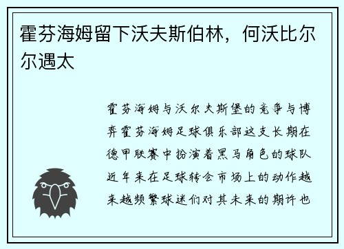 霍芬海姆留下沃夫斯伯林,何沃比尔尔遇太