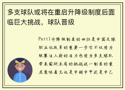 多支球队或将在重启升降级制度后面临巨大挑战,球队晋级