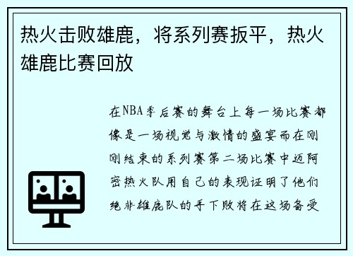 热火击败雄鹿,将系列赛扳平,热火雄鹿比赛回放