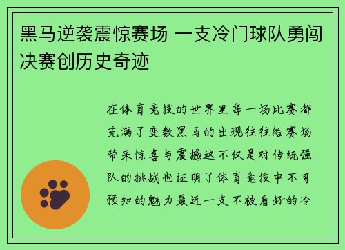 黑马逆袭震惊赛场 一支冷门球队勇闯决赛创历史奇迹