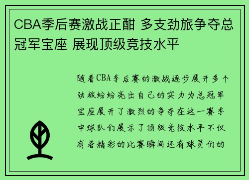 CBA季后赛激战正酣 多支劲旅争夺总冠军宝座 展现顶级竞技水平