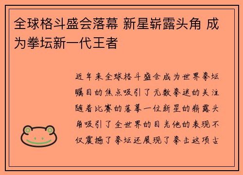全球格斗盛会落幕 新星崭露头角 成为拳坛新一代王者