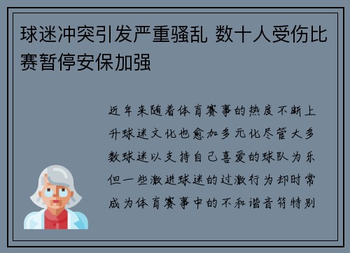 球迷冲突引发严重骚乱 数十人受伤比赛暂停安保加强